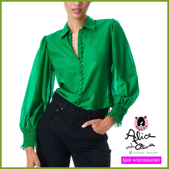 Alice + Olivia Tops - Alice + Olivia Joey Emerald Green Button Front Silk Blend Smocked Blouse